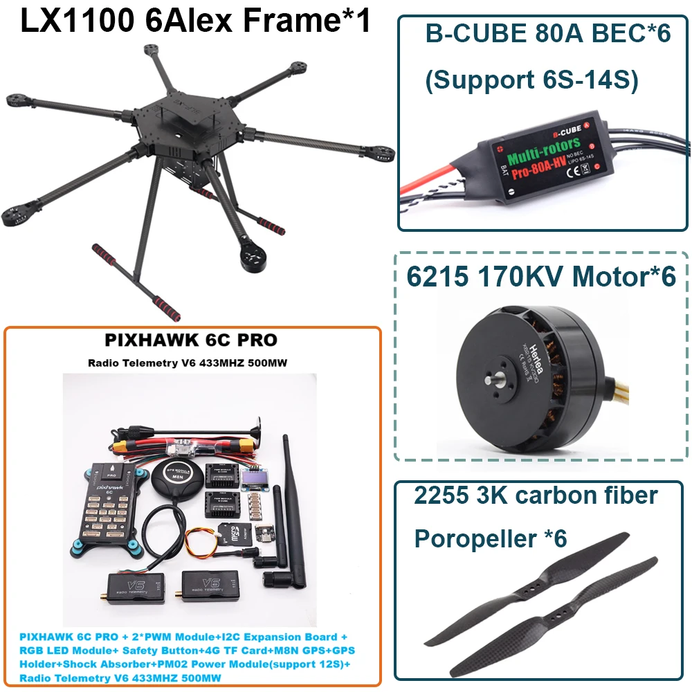 LX1100 6C PRO M8N M9N M10 entièrement en Fiber de carbone 1100MM cadre hexa-rotor B-CUBE 80A ESC PX4 PIXHAWK ensemble de commande de vol moteur 6215