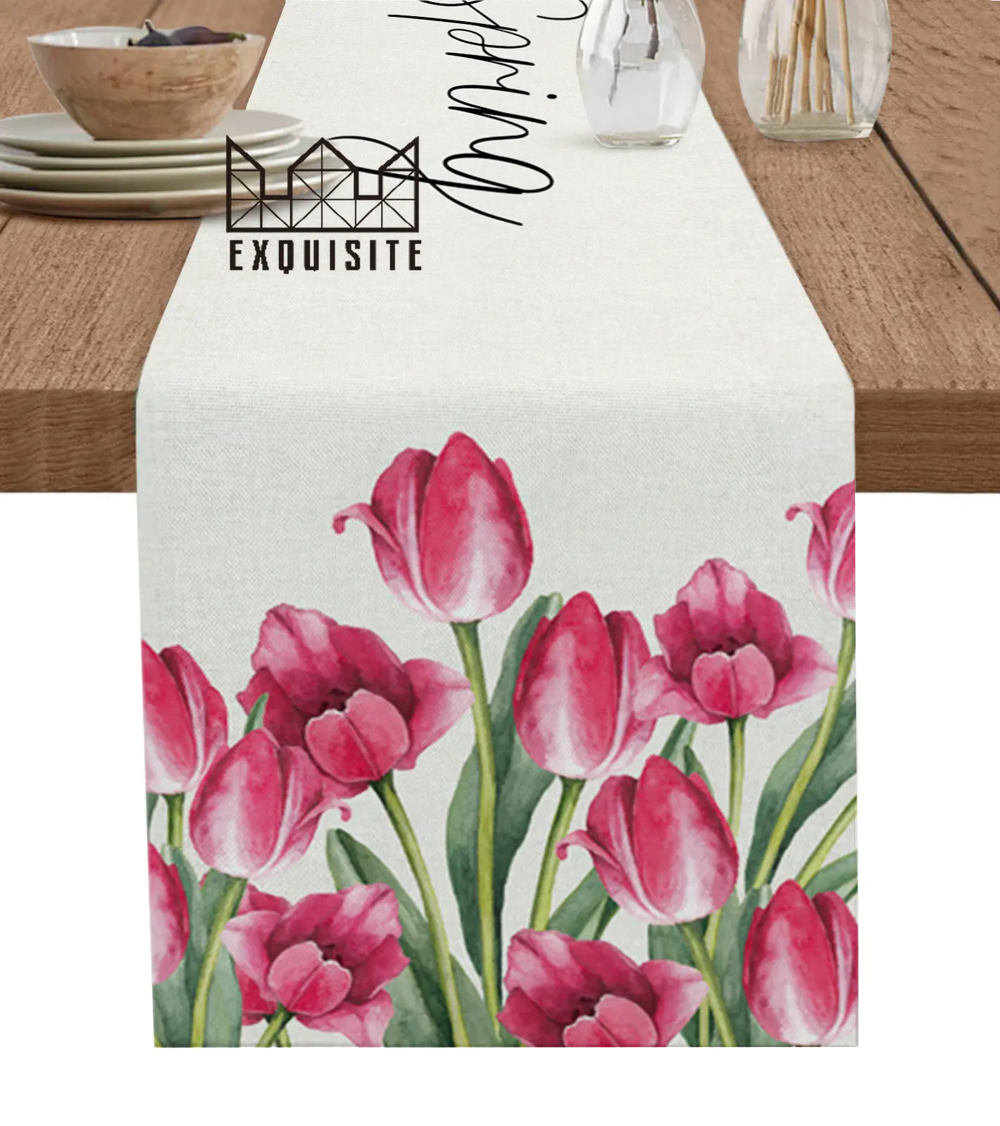 

Spring Watercolor Flower Tulip Table Runner Wedding Party Dining Table Cover Cloth Placemat Napkin Home Kitchen Decoration