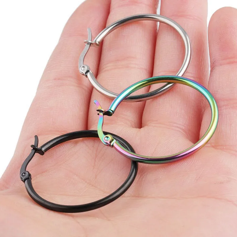 2pcs Stainless Steel Simple Classic Round Circle Hoop Earrings For Women Men, Punk Smooth Big Or Small Huggie Earring Pendientes image 5