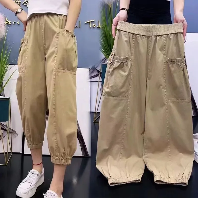 韓国ファッションハイウエストパンツ女性 2025 春の新作薄い無地カーゴパンツ女性ルースハーラン女性服