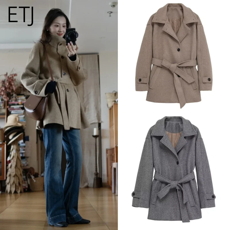 

ETJ 2025 зимняя женская новинка, простое темпераментное пальто с двойным воротником и поясом, мягкое пальто из искусственной шерсти