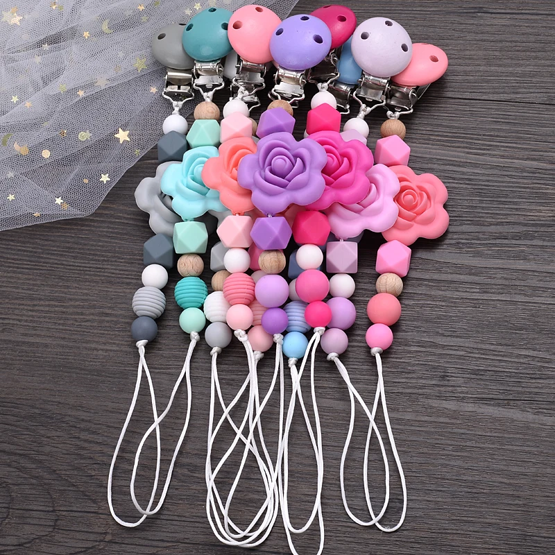 Baby Pacifier Chain Silicone Teether Pacifier Clips Wood Beads Infant Nipple Appease Soother Chain Clip Dummy Holder Nipple Clip