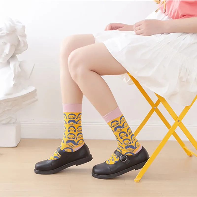 

Women's New Socks Cute Cartoon Head Print INS Fashion Versatile College Sports Socks Medium Sleeve Cotton Socks 1A105