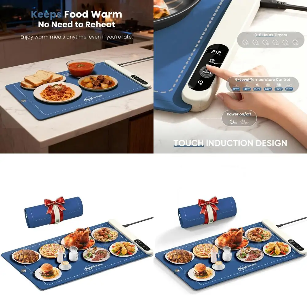 

Коврик для подогрева еды 24x15 с 6 регулируемыми температурами и таймером для вечеринок и повседневного использования — морозово-синий