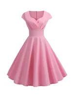 Vestido rosa de verano para mujer, vestido Vintage con cuello en V y vuelo grande, vestido elegante Retro pin up para fiesta y oficina, vestidos por debajo de la rodilla