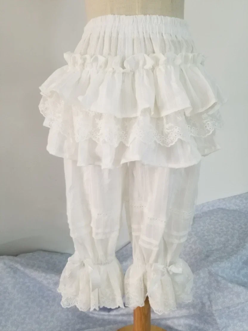 Pantalones cortos de seguridad de algodón con volantes y encaje Bloomers de Lolita de jacquard blanco dulce