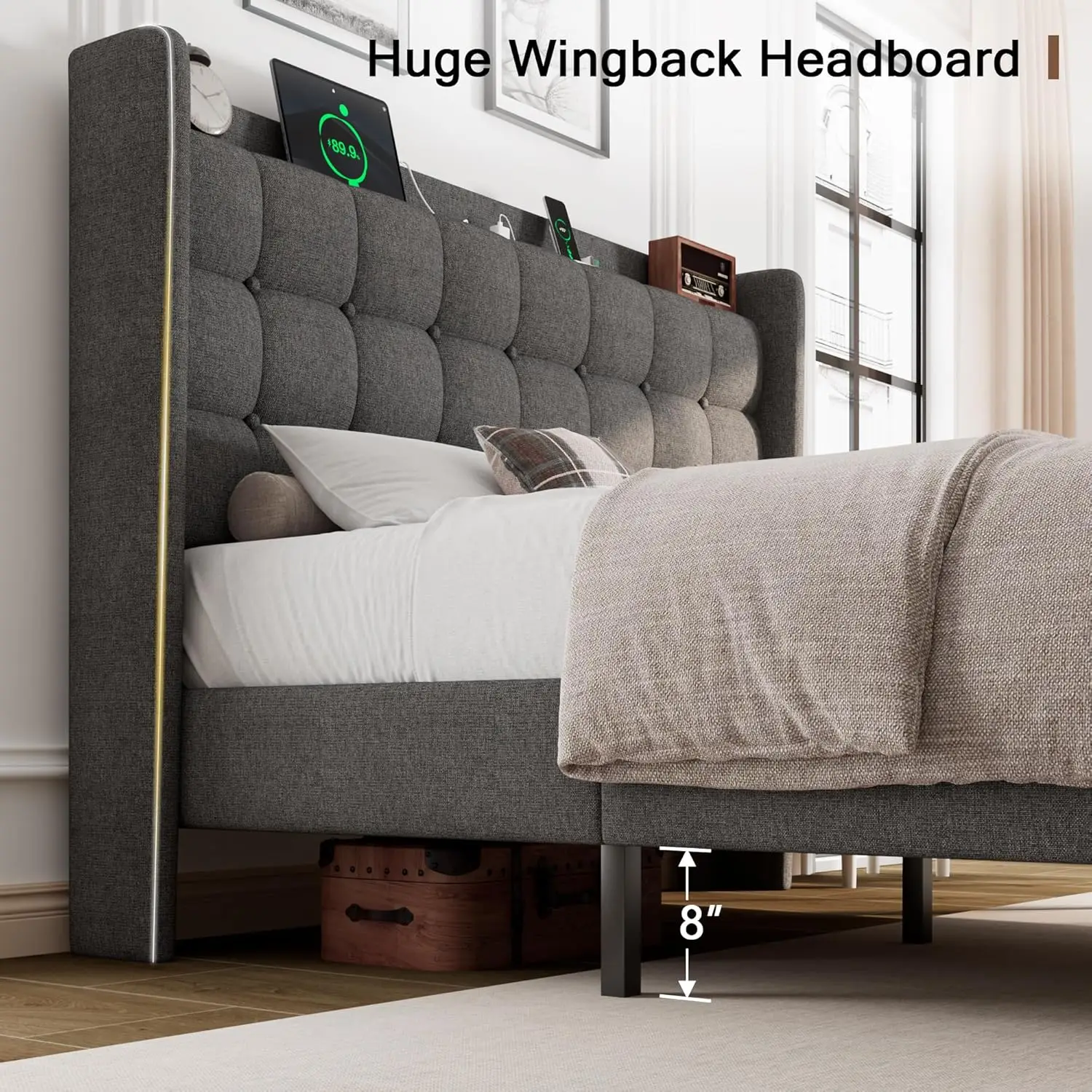 هيكل السرير، محطة شحن إطار السرير ذات المنصة، اللوح الأمامي للتخزين الخلفي الحديث، دعم شريحة من الخشب الصلب، لا حاجة إلى صندوق زنبركي