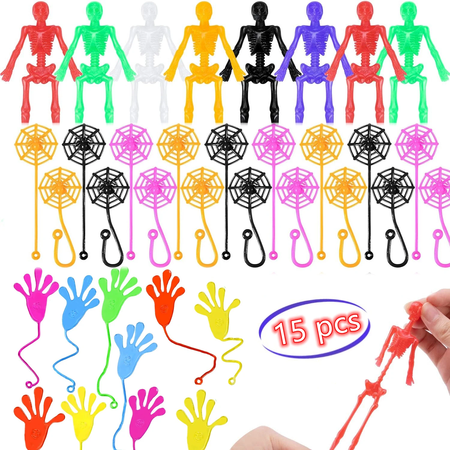 15PCS Halloween Stretchy Toys Sticky Hands Spider Webs Skeletons Party Favors for Kids Halloween Goodie Bag Fillers Game Prizes