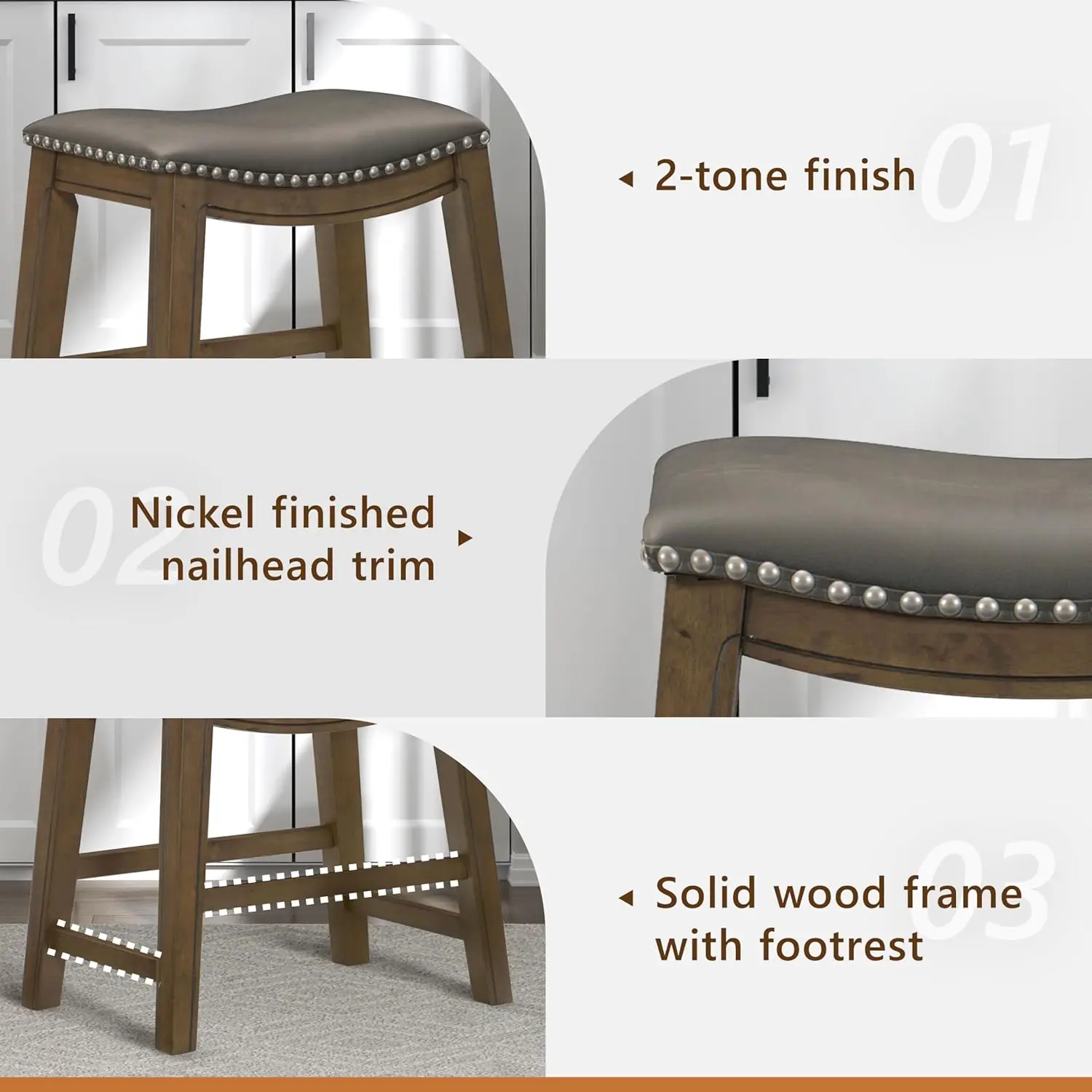 Solid Wood Dining Stools, Saddle Seat, Gray, 19" Height, Versatile Kitchen Seating for Casual Entertaining