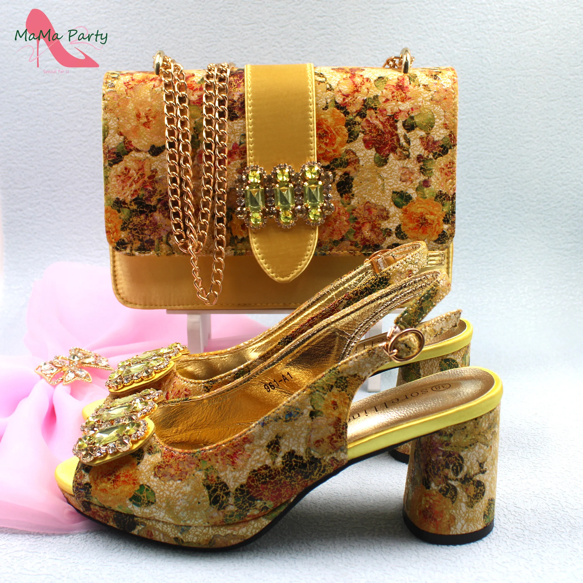 2024 Mature Style High Quality Comfortable Heels Italian Women Shoes and Bag Set with Shinning Crystal in Yellow Color