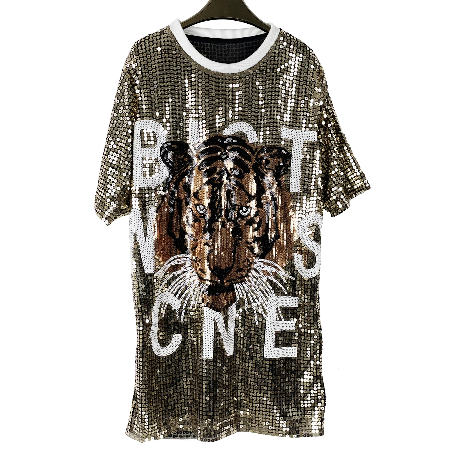 Abito da ballo di strada cool flash top di media lunghezza con perline a maniche corte per donna, vestibilità ampia, stile maglietta da festa per la notte