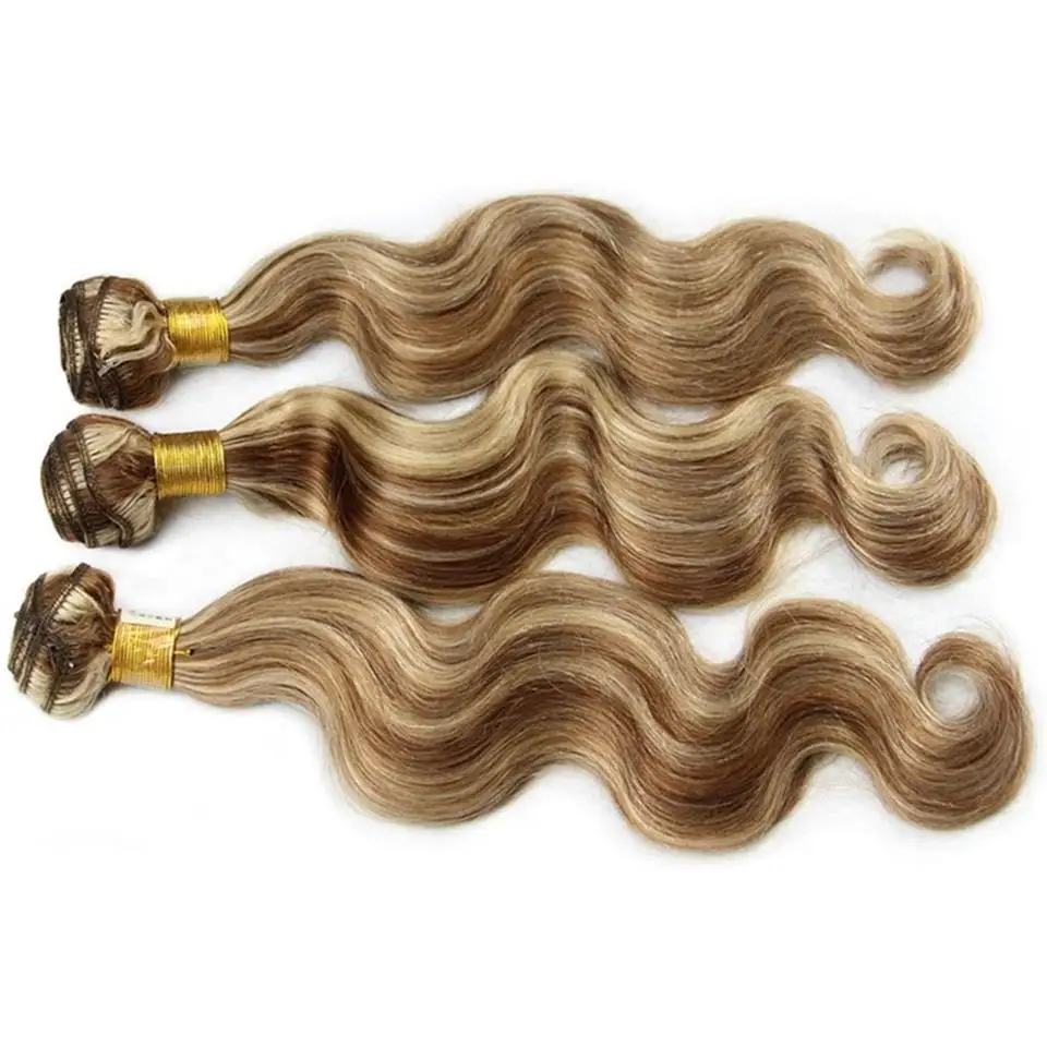 Remy Body Wave Weave com Destaques, Ash Blonde Colorido Cabelo Humano, Cor do Piano, P4 613 Destaque Pacotes, Encerramento