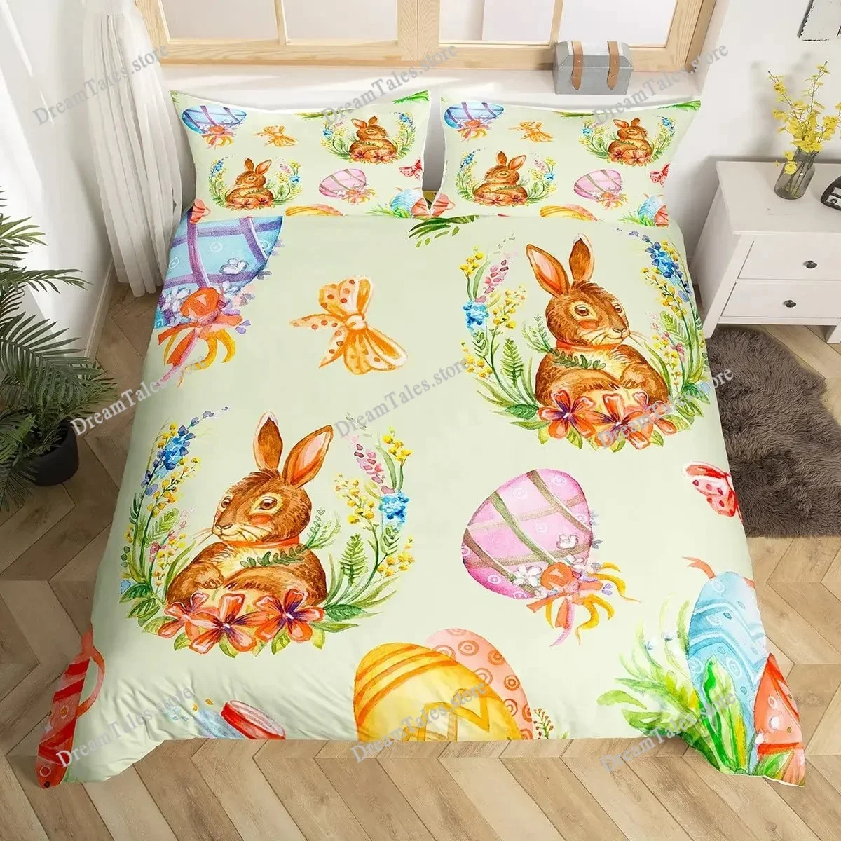 Easter Rabbit Duvet Cover Set Golden Elk Horn Stars Quilt Cover Cartoon Pet Animal Bedding Set for Girls Boys Kawaii Room Decor