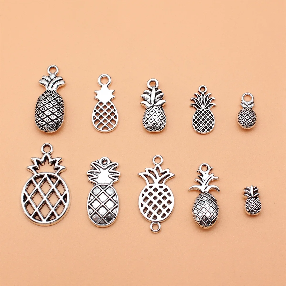 10pcs Antique Silver Color Pineapple Charms Collection For DIY Jewelry Making, 10 Styles, 1 of Each