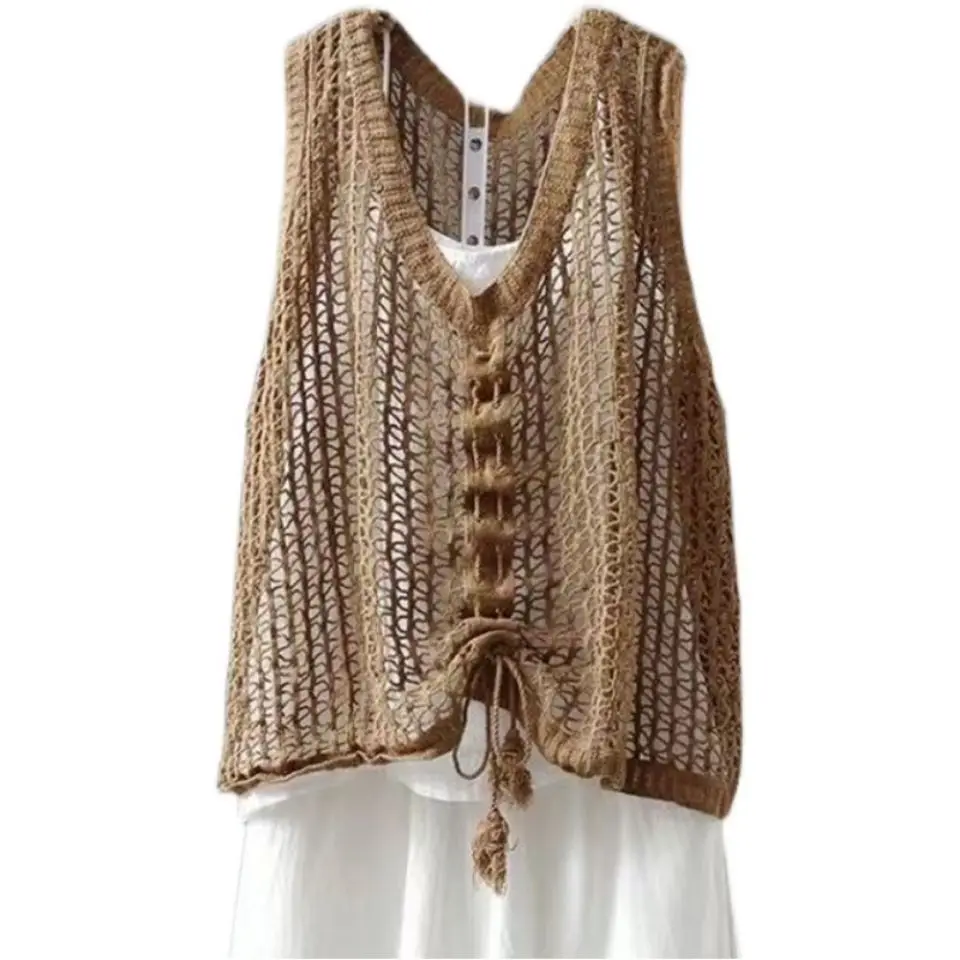 

Spring Retro Vest Sleeveless Solid Color Knitting Hollowed Out Vest Crop Tank Top Hollow Crochet Knit Wavy Sweater Vest L62