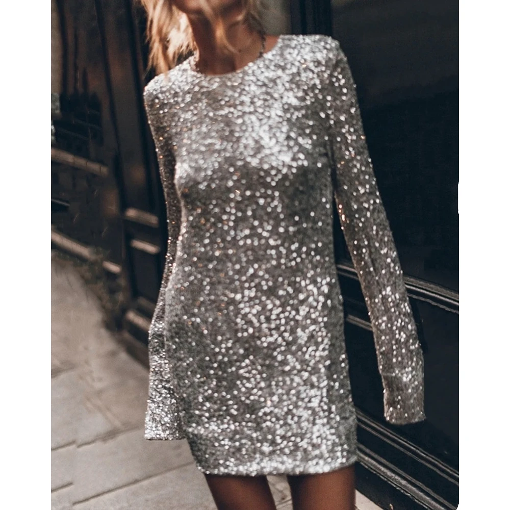 

Women Sequins Backless Party Mini Dress Sleeve Split Femme Nightclub Short Dress Long Sleeve Korean Fashion Evening Vestidos