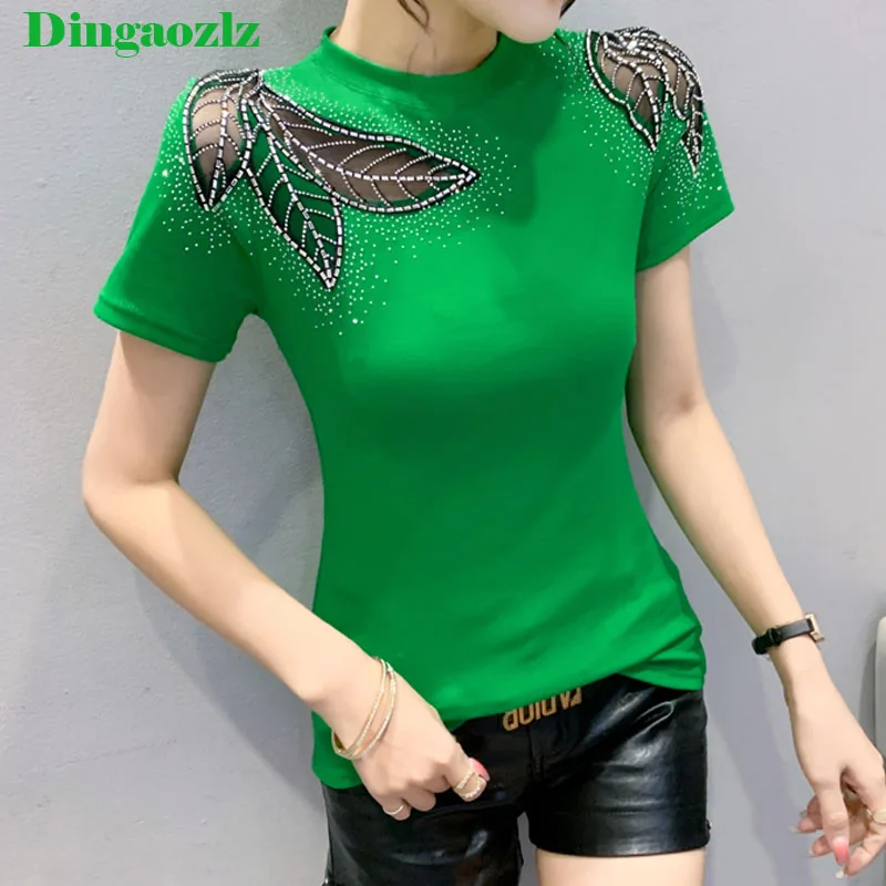 Dingaozlz Women T-Shirt Fashion Casual Hollow Diamonds Casual Tops Elasticity Lady Clothes Tees