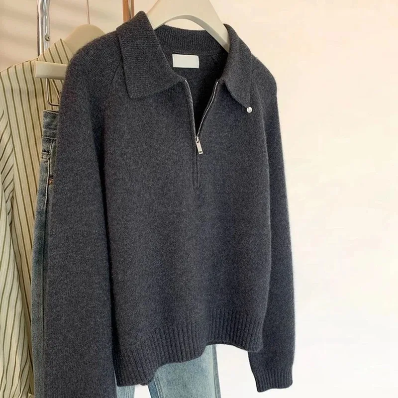 Women Polo Collar Half Zipper Sweaters Solid Color Autumn Winter Warm Tops Female Lapel Kintted Pullovers Elegant Chic Knitwear
