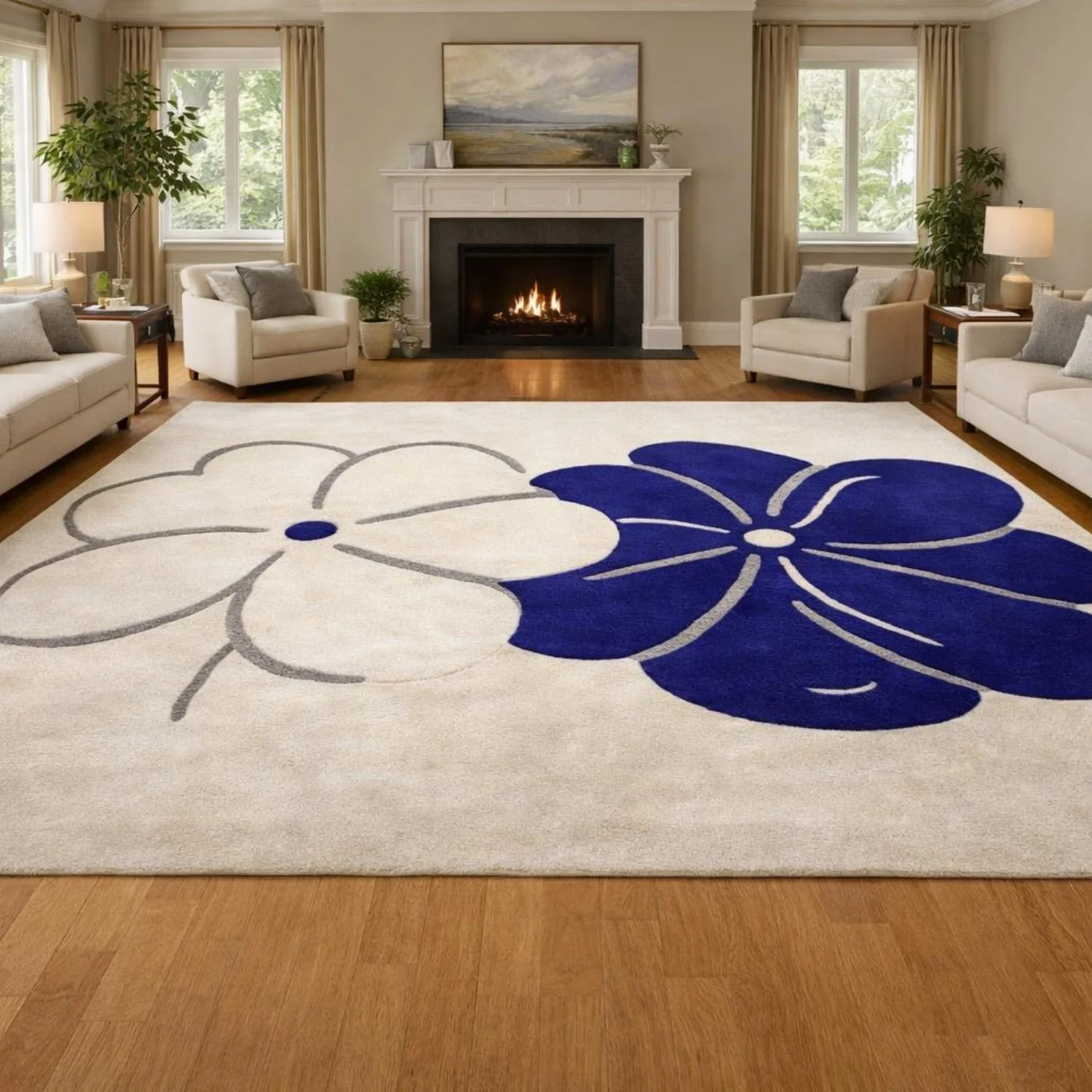 Room Decor Rug  Modern Blue Floral Area Rug, H1and Tufted Cream Wool Rug, Large Living Room StateM1ent Rug, Contemporary Flower Carpet