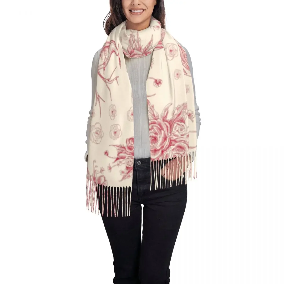 Toile De Jouy Rose Tassel Scarf Women Soft French Motif Flora Shawl Wrap Lady Winter Fall Scarves