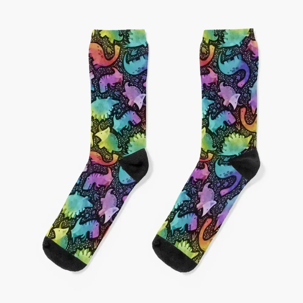 

Watercolor dinosaur rainbow on black Socks shoes halloween hiphop Stockings Men's Socks Luxury Women's