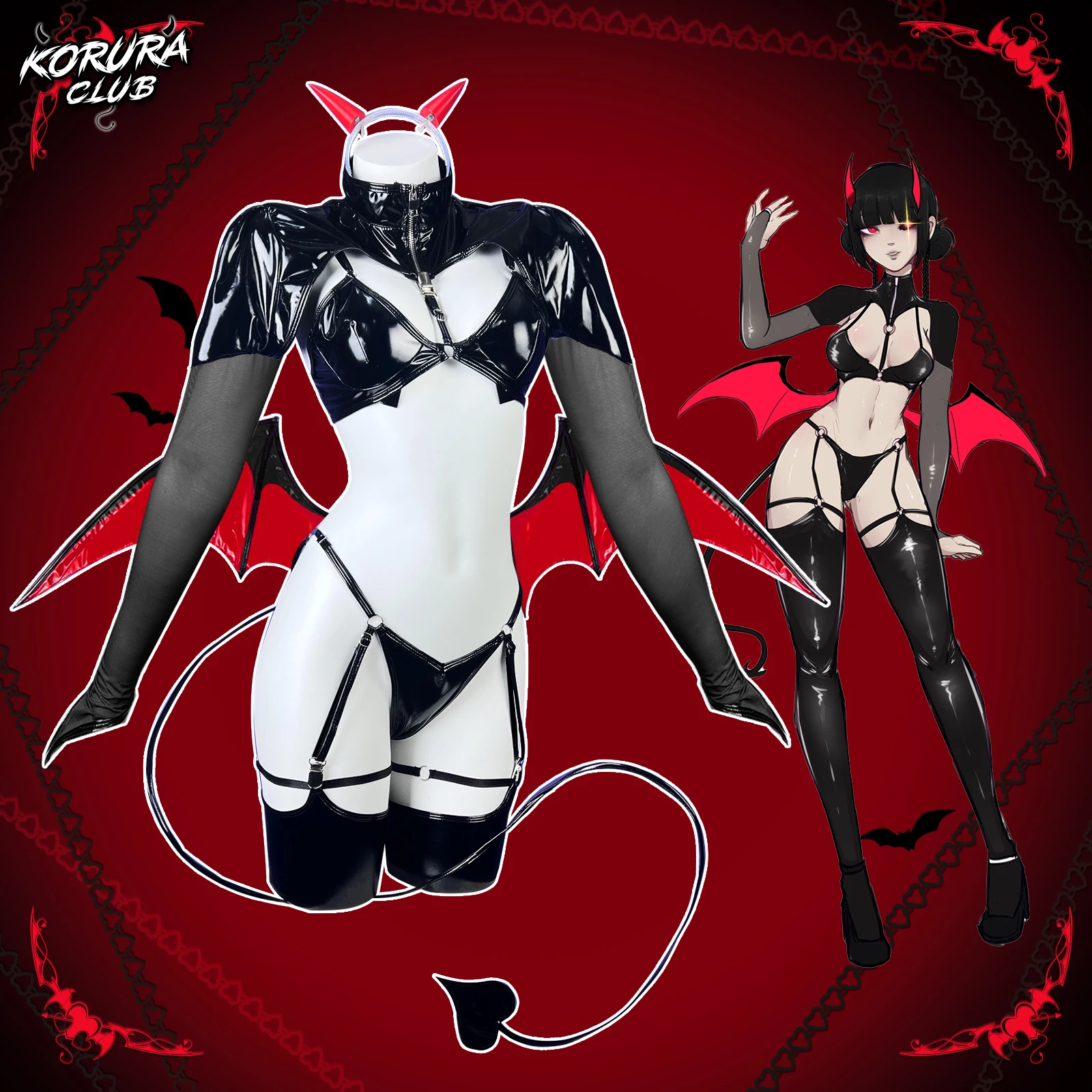 KORURACLUB Cosplay Love Heart Succubus Lingerie PU Leather One Piece Bodysuit For Women  (6-PIECE SET) view 4
