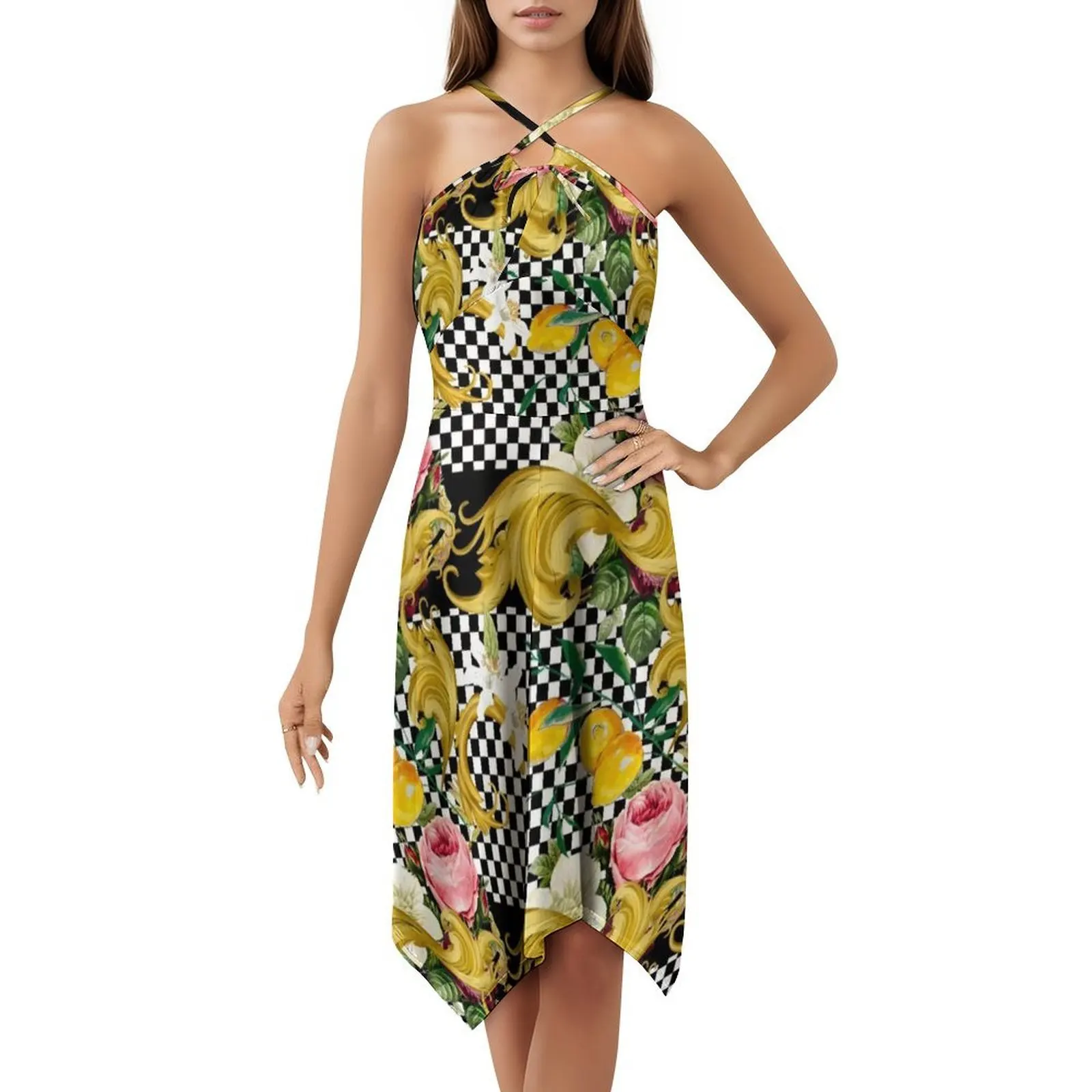 الشطرنج الباروك بلاط صقلية البحر الأبيض المتوسط فسيفساء المرأة الهيب هوب الشارع الشهير فستان الرسم طباعة ملابس نادي الحفلات صقلية #5