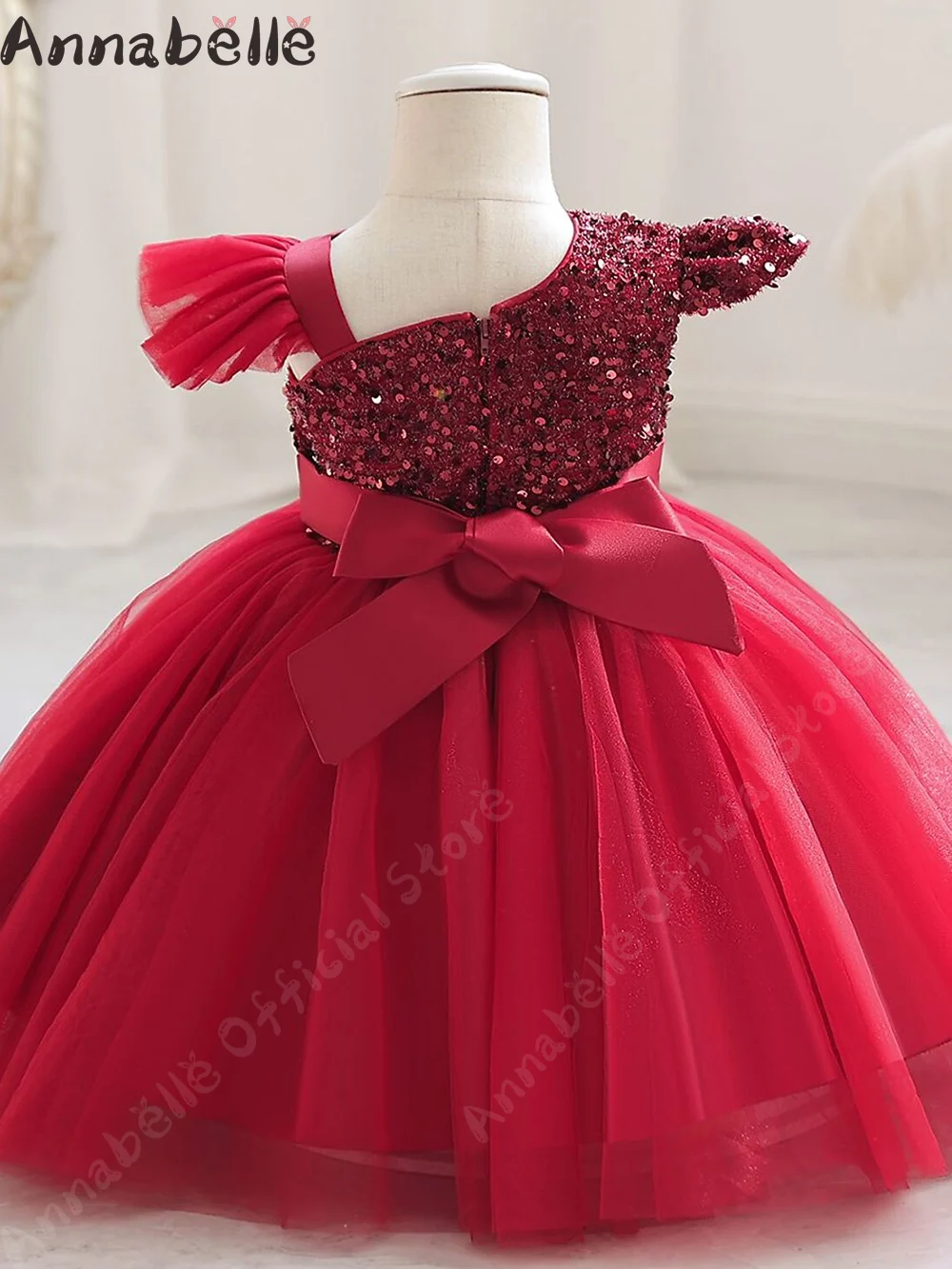 Annabelle-Robe bouffante à sequins pour filles, robe de mariée pour enfants, haut à nœud avec ceinture, design élégant pour mariages