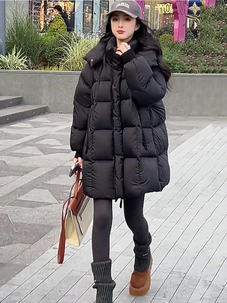 Winter Loose Mid Length Hooded Down Jacket Female Thicken Warm Drawstring Jackets Women White Duck Down Zipper Parker Outwears