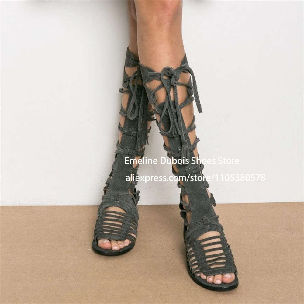 

Suede Gladiator Flat Sandals Knee High Lace Up Strap Hollow Out Tassel Open Toe Sandal Boots Women Shoes for Party Plus Size