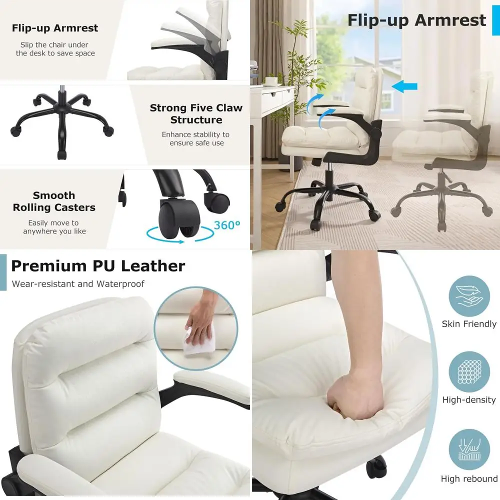 

Adjustable Ergonomic Swivel Chair with Flip-Up Armrests, Lumbar Support, and Thickened PU Leather Cushion for Computer Work, Whi