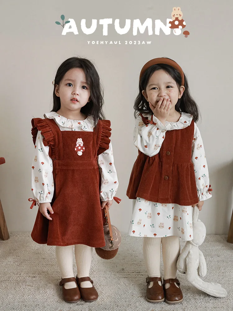 Wulibuy Girls' Forest Story Set Digital Print Dress Autumn Children's Lace Doll Collar Shirt
