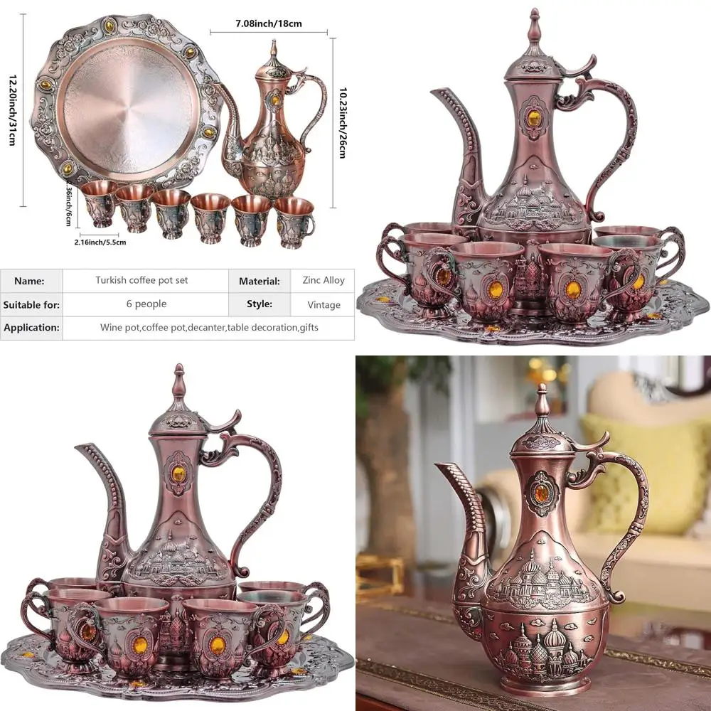 

Copper Turkish Coffee Set for 6 with Tray, Teapot, and Cups for Home Decor, Wedding Ornaments