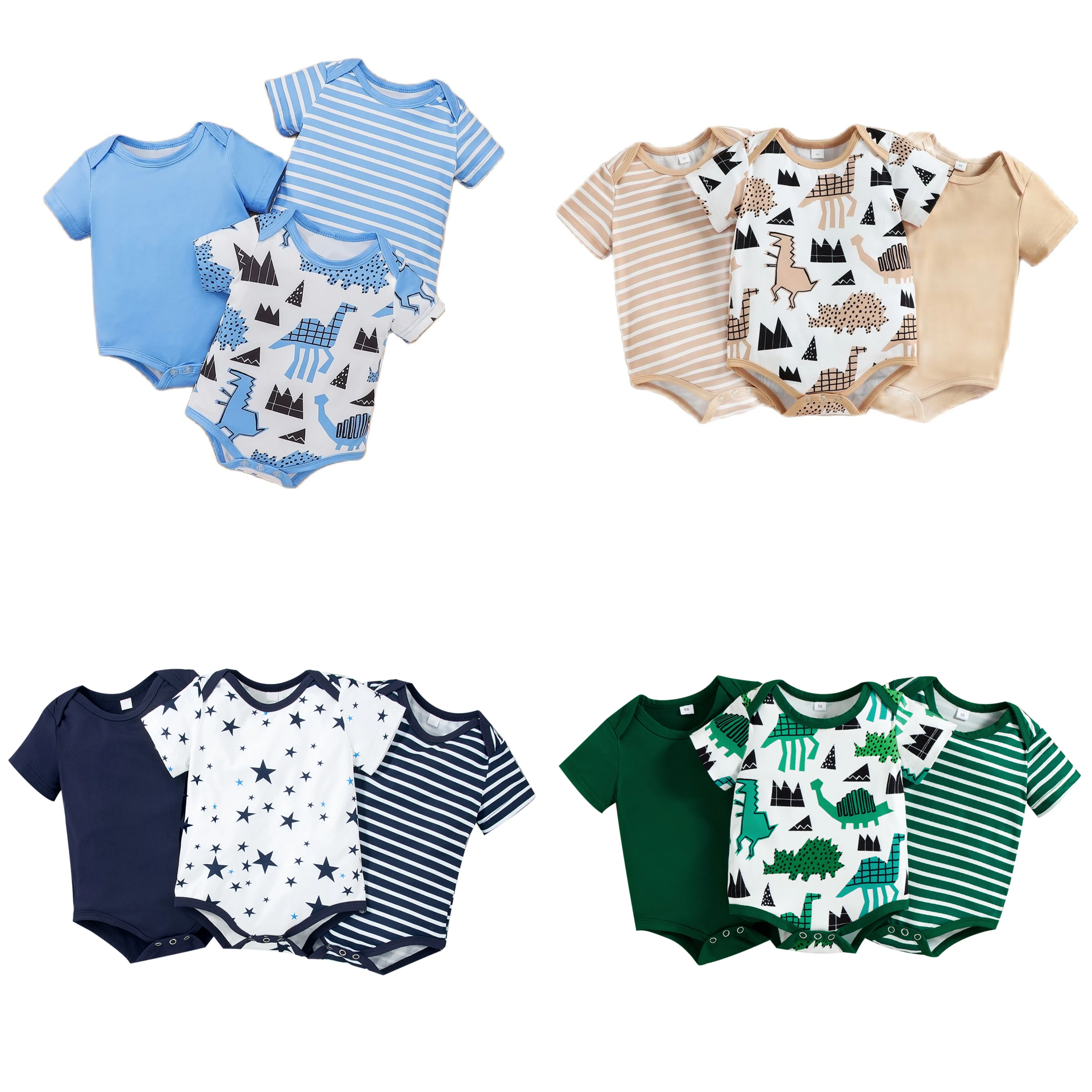 3PCS Baby Multi Color Round Neck Short Sleeve Romper Bodysuits Set  Newborn Cute Baby Clothing