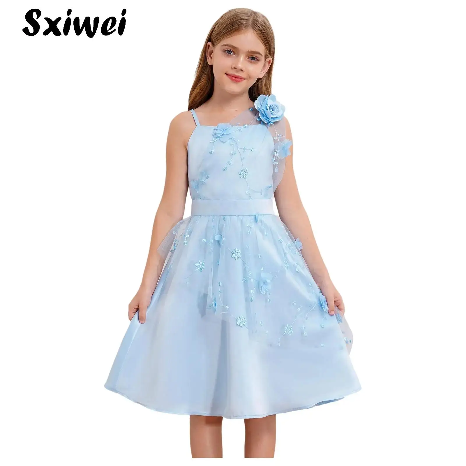 

Flower Girl Dress for Kid Wedding Junior Bridesmaid Communion Party Pageant Sleeveless Flower Embroidery Satin A-Line Dresses