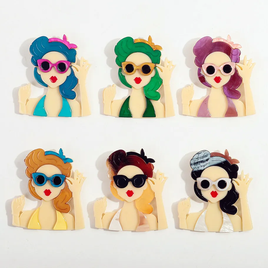 New Cartoon Bikini Swimsuit Girl Brooches Pins for Women 6-Colors Glasses Lady Brooch Badge Party Jewelry Casual Accessories