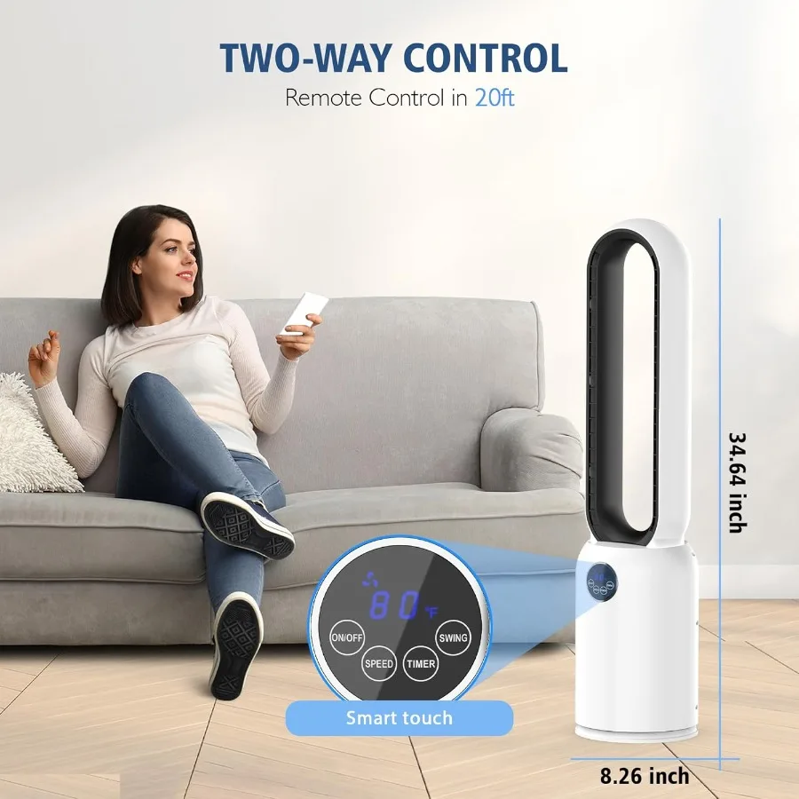مروحة برجية خالية من الشفرة مع مروحة تبريد دائرية هواء عن بعد للاستخدام الداخلي، 24 إعدادًا للسرعة، 12 مؤقتًا، مروحة متأرجحة هادئة