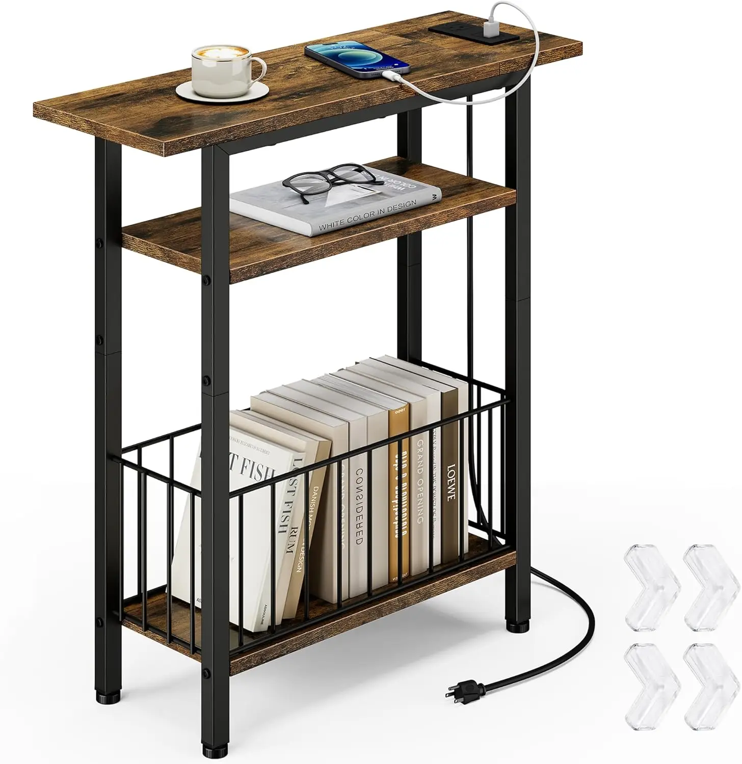 

Narrow Side Table with Charging Station, 3-Tier Skinny Side End Table for Couch Sofa, Small End Side Tables for Small Spaces,