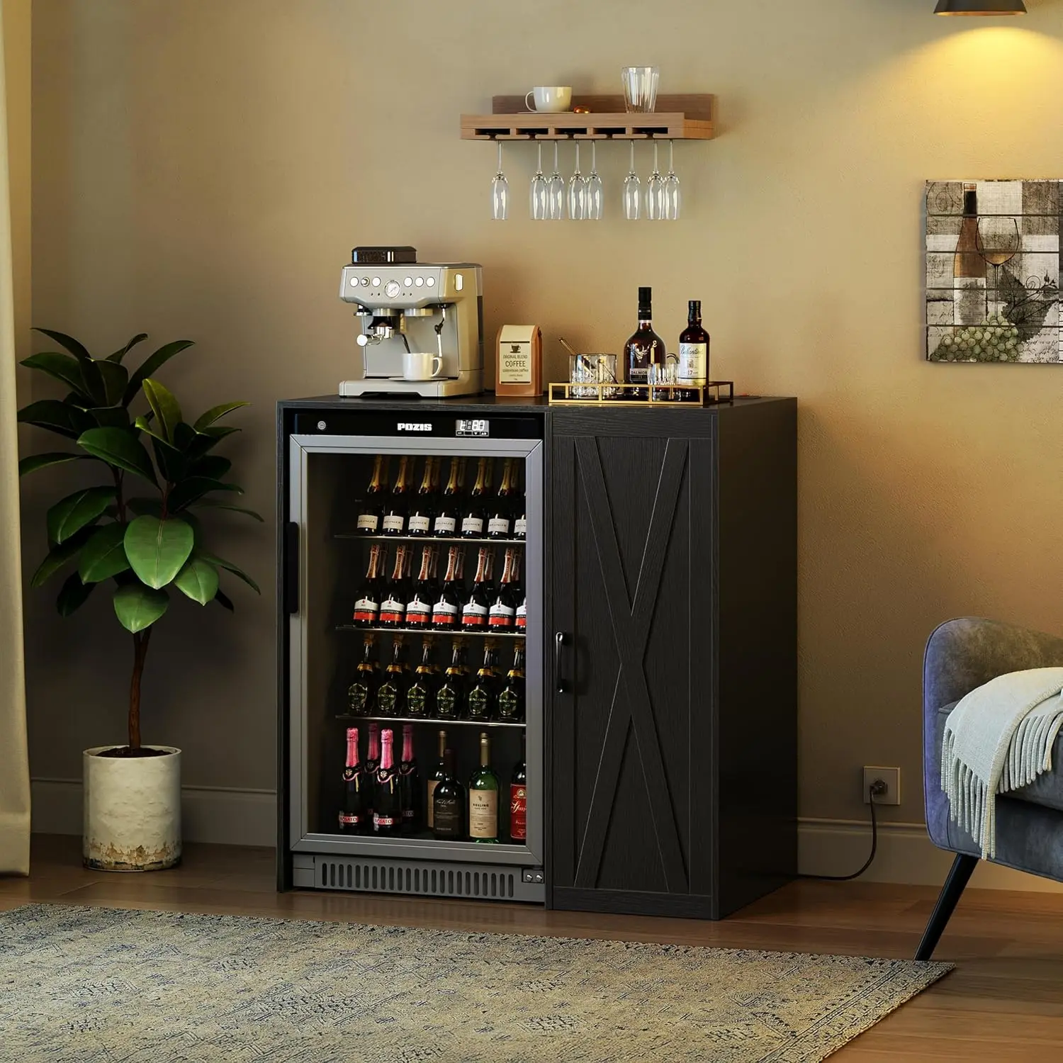 Mini Fridge Cabinet with Storage & Outlet, Coffee Bar Cabinet | Fits 24" Wine Fridge, 3-Tier Organizer, Refrigerator Stand for K - view 4