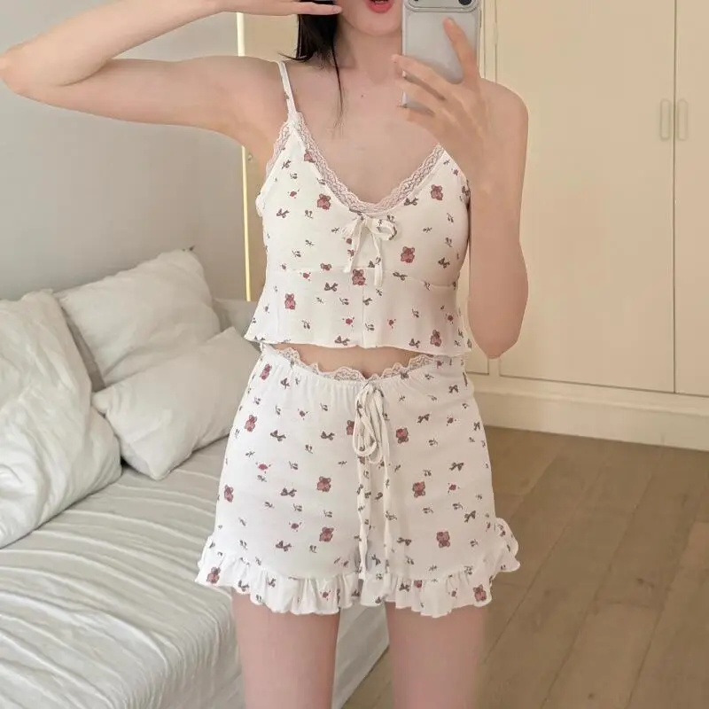 Women's Sweet Tank Short Pajama Set Summer New Student Sleeveless Home Clothes Women's Lace Short Sleeve Pants Two Piece Set
