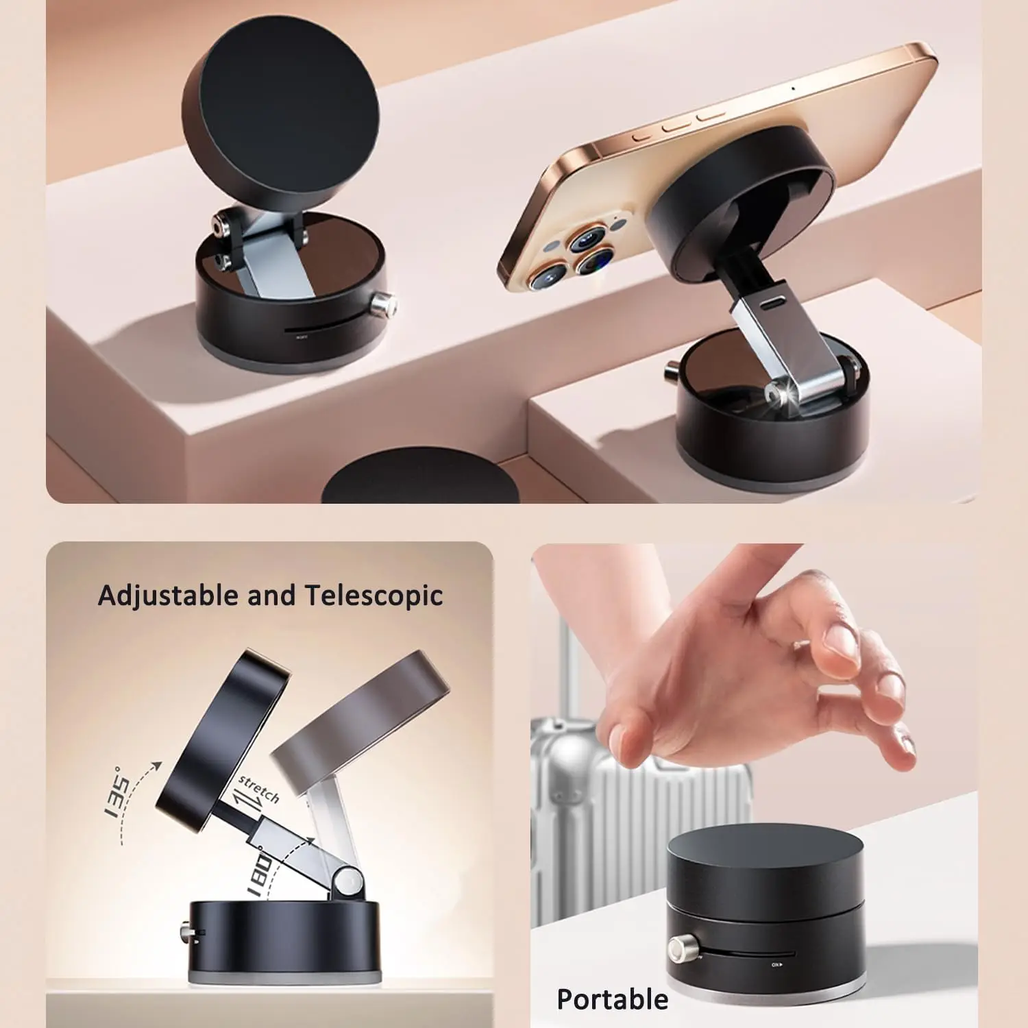 

Yuanjoy Vacuum Suction Magnetic Phone Holder, Retractable Suction Cup Magnetic Hands-Free Car Cellphone Car Phone Stand