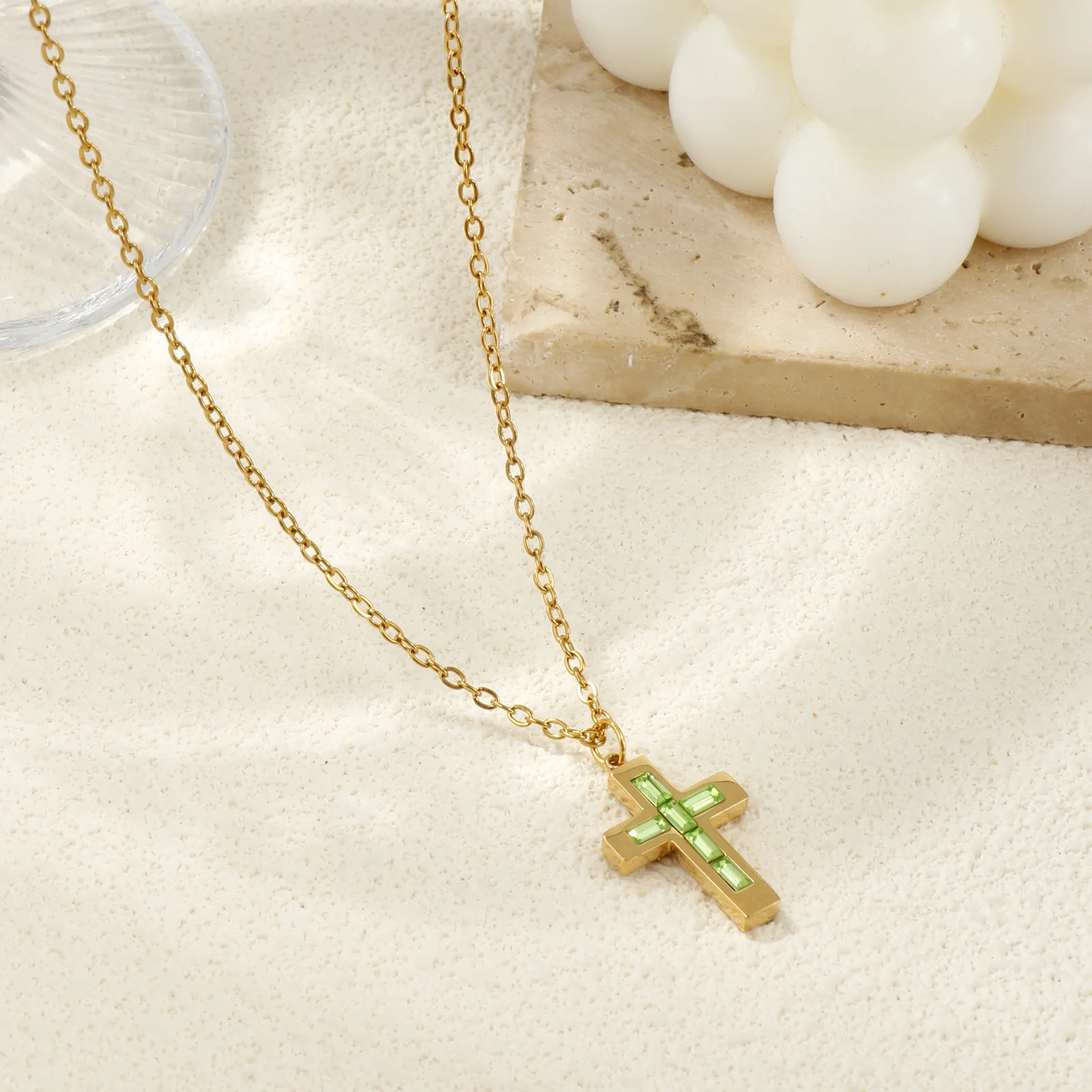 304 Stainless Steel Religious Birthstone Cross Charms Necklace 18K Gold Plated Link Cable Chain Cross Pendant Necklace 45cm+ 5cm