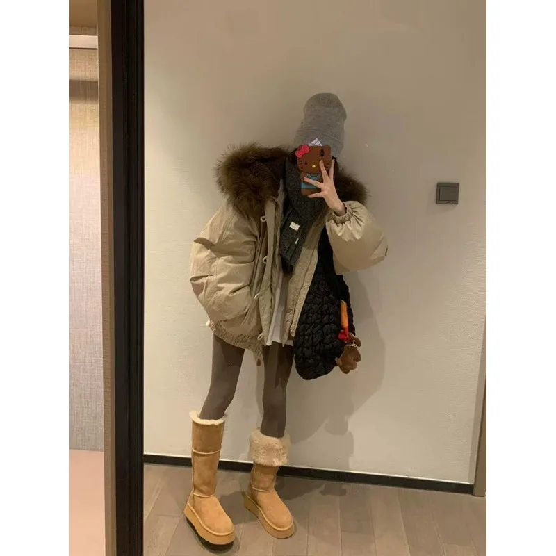 YYAHAS 2025 شتاء جديد بقرة القرن زر سميكة القطن معطف الرجعية الأمريكية الدافئة الفراء طوق مقنعين سترة الملابس النسائية