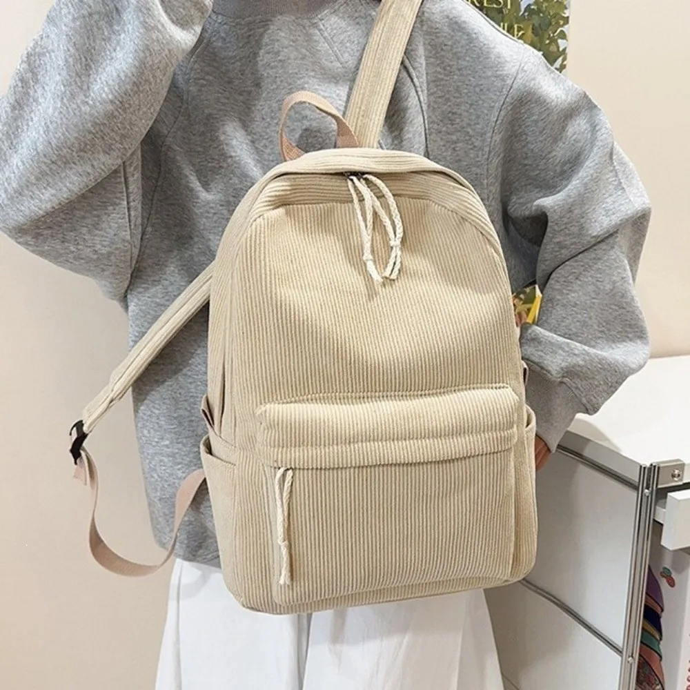 Lightweight Corduroy Backpack Solid Color Harajuku Students School Bag College Style Adjustable Shoulder Straps Students Daypack