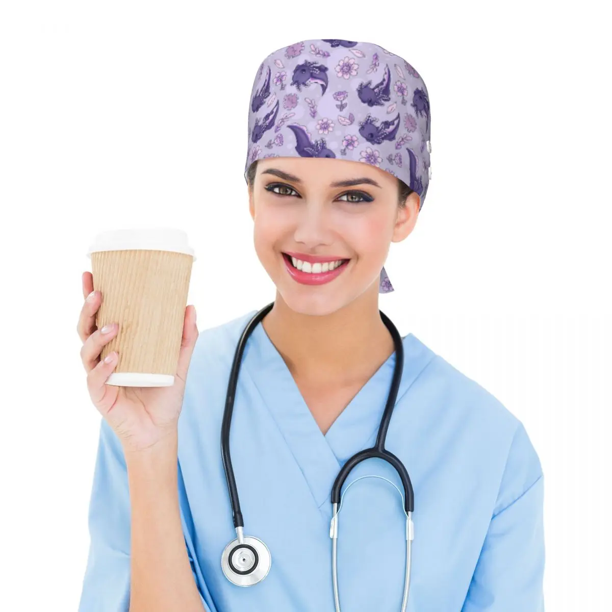 Cute Cartoon Axolotl And Floral Pattern Scrub Hat Doctor Working Surgical Cap Unisex Adjustable Nursing Caps for Dentist