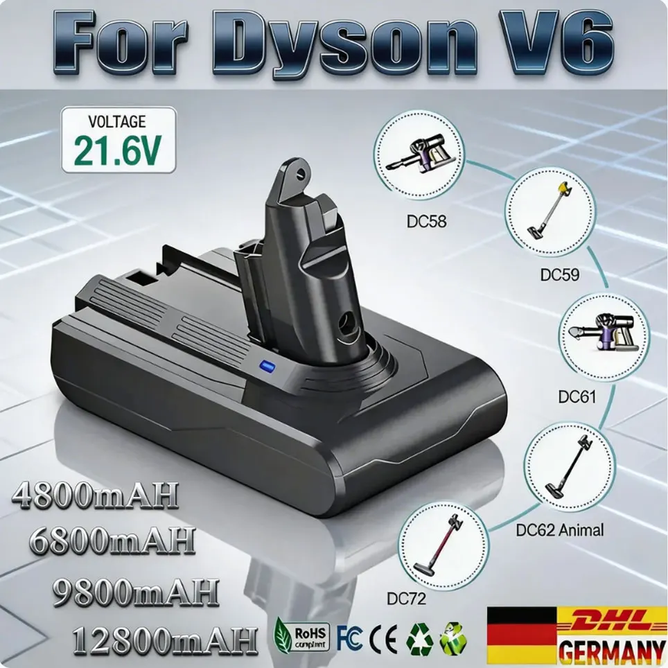 Batterie rechargeable Li-ion pour aspirateur Dyson V6 DC58 DC59 DC61 DC62 DC74 SV09 SV07 Absolute, 6,8 Ah/9,8 Ah, 21,6 V