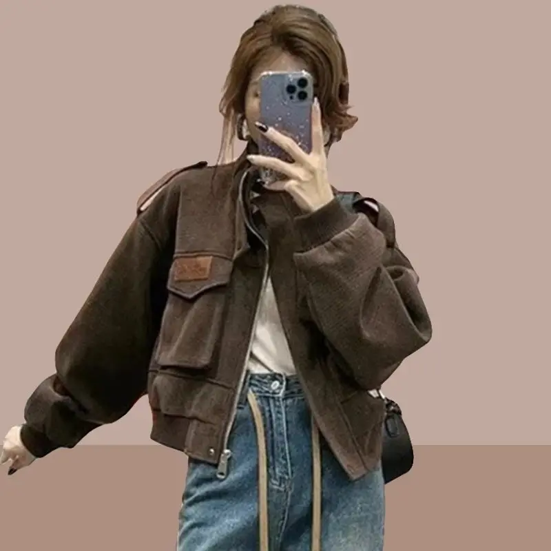 Green Sheepskin Coat for Women 2024 Baseball Clothes Korean Streetwear Y2k Jacket Woman Short Spring Crop Clothing Bomber Autumn