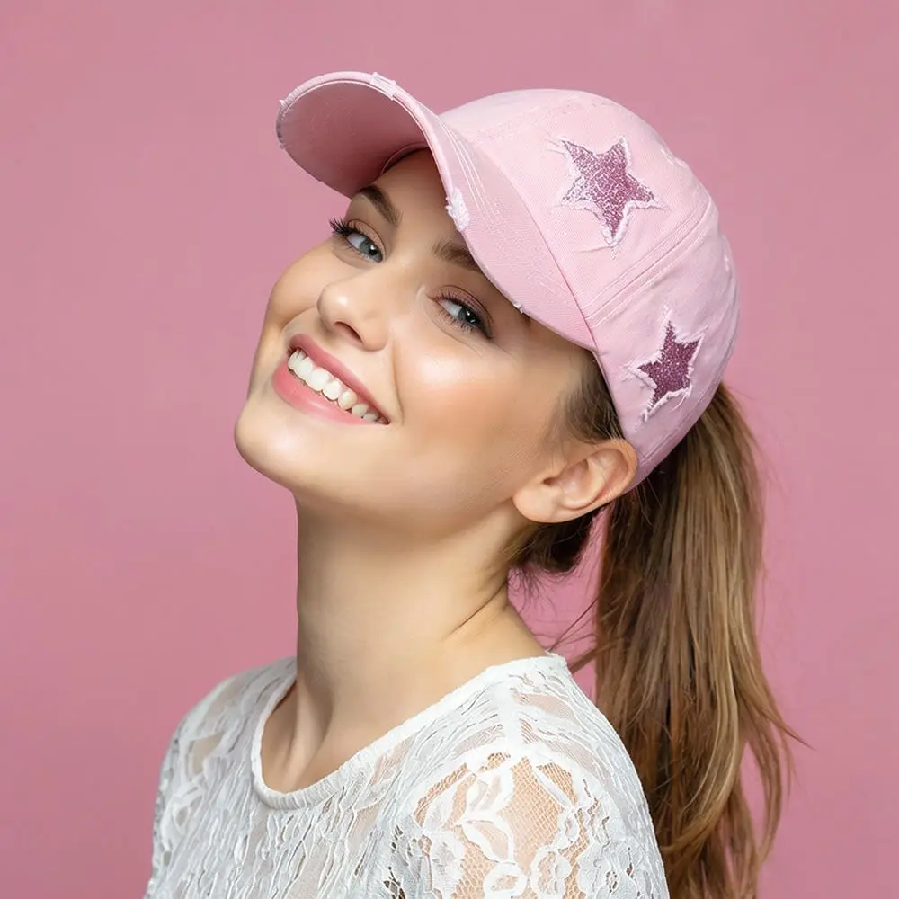 Distressed Cotton Ponytail Baseball Cap Sequined Star Vintage Adjustable Outdoor Sport Sun Protection Hat view 6
