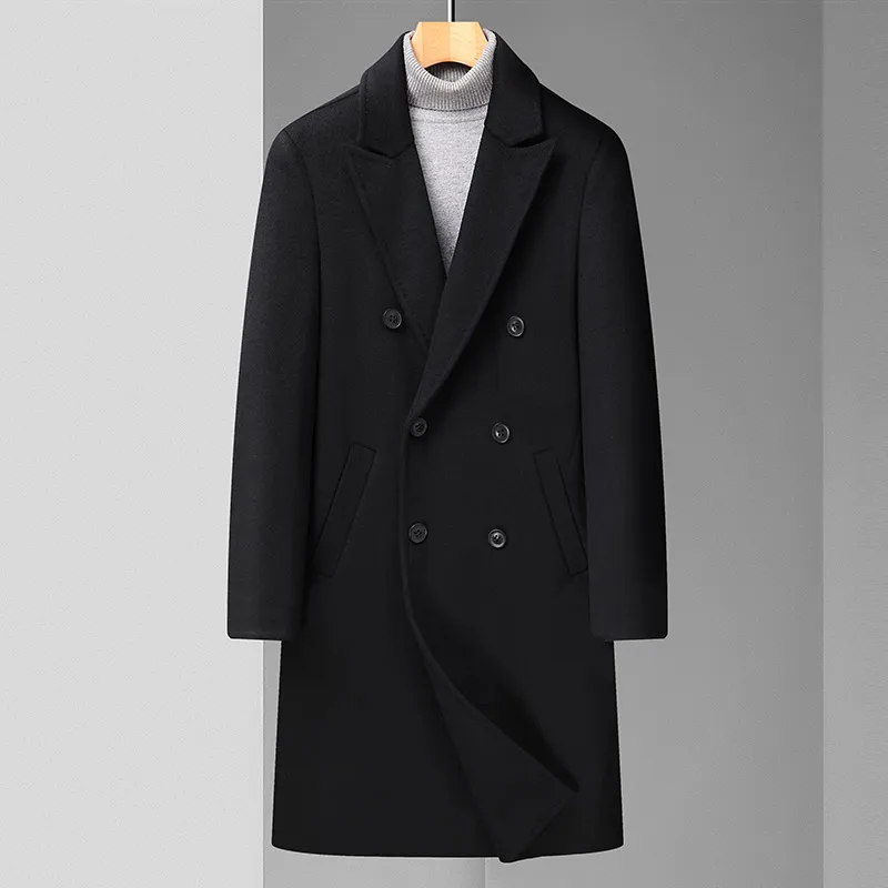 

Winter Men Black Gray Sheep Wool Overcoat Double-Breasted Cashmere Woolen Blended Coat Male Elegant Outfits England Style 2022