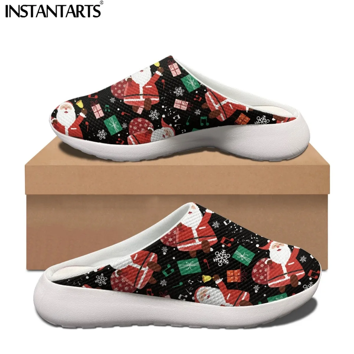 INSTANTARTS Christmas Shoes for Women Men Indoor Non-slip Sandals Santa/Elk/Snowman Print Slip On EVA Couple Large Size Slippers